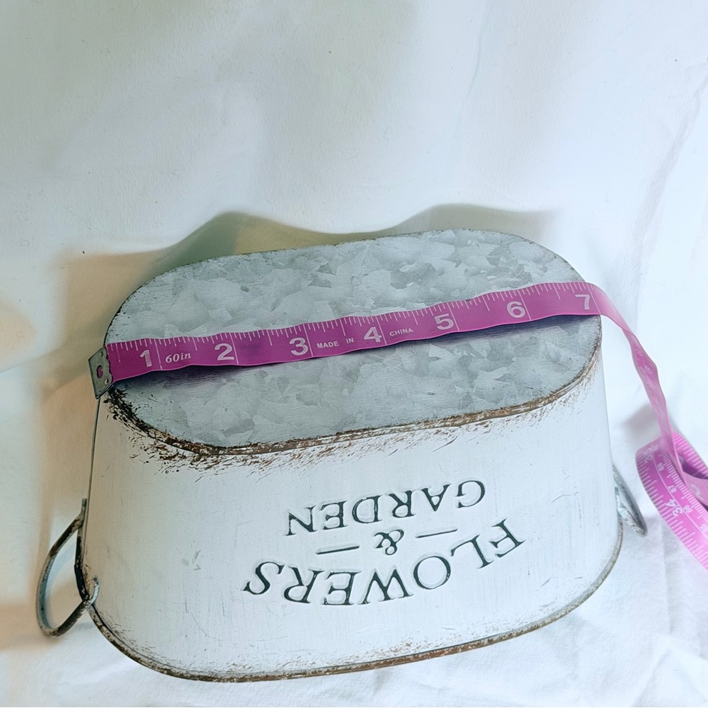 Rustic Galvanized Metal “Flowers & Garden” Oval Planter Bucket - Picture 9 of 10